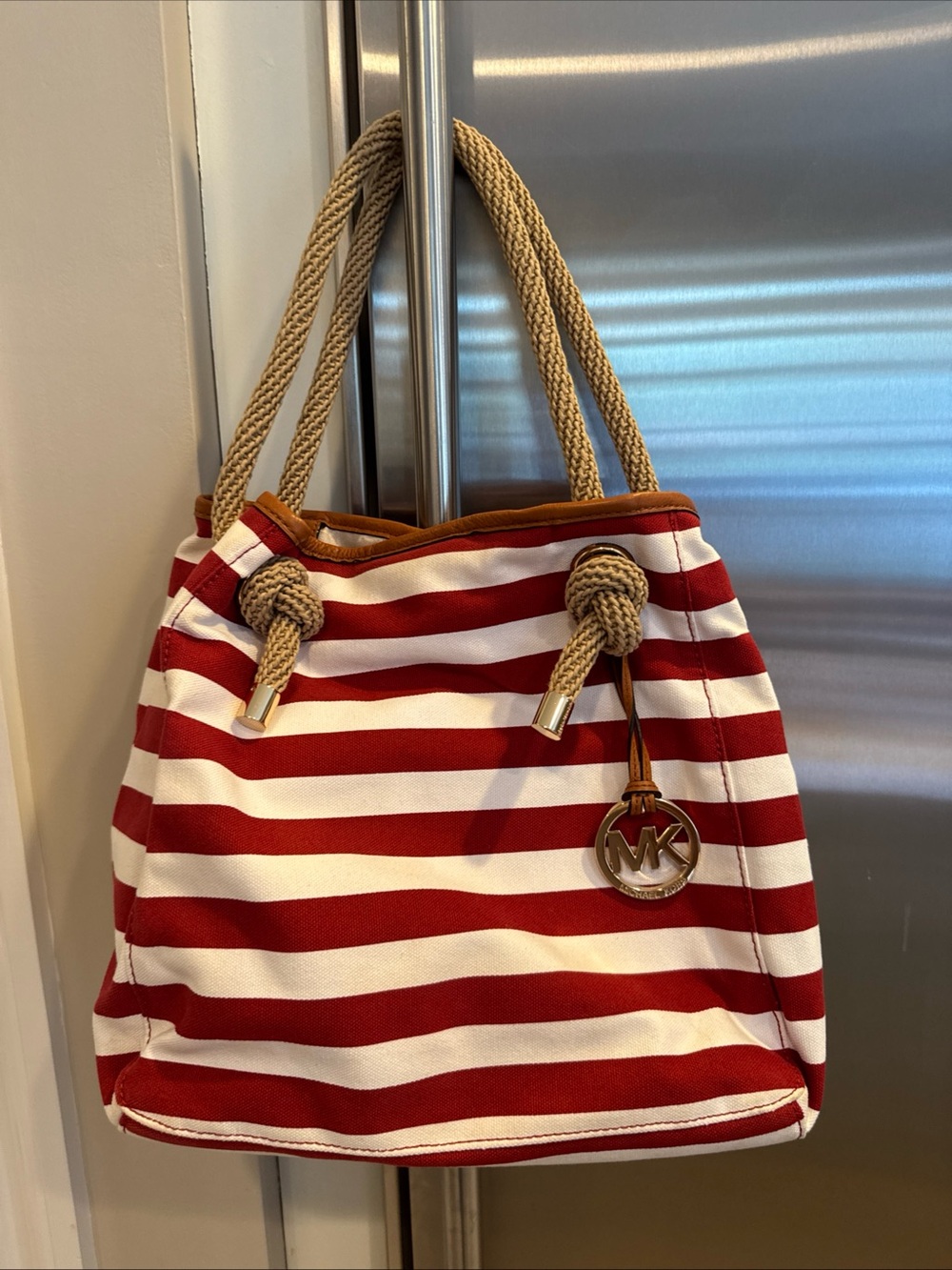 Michael Kors Red and White PinStriped Rope-Handle Canvas Shoulder Tote